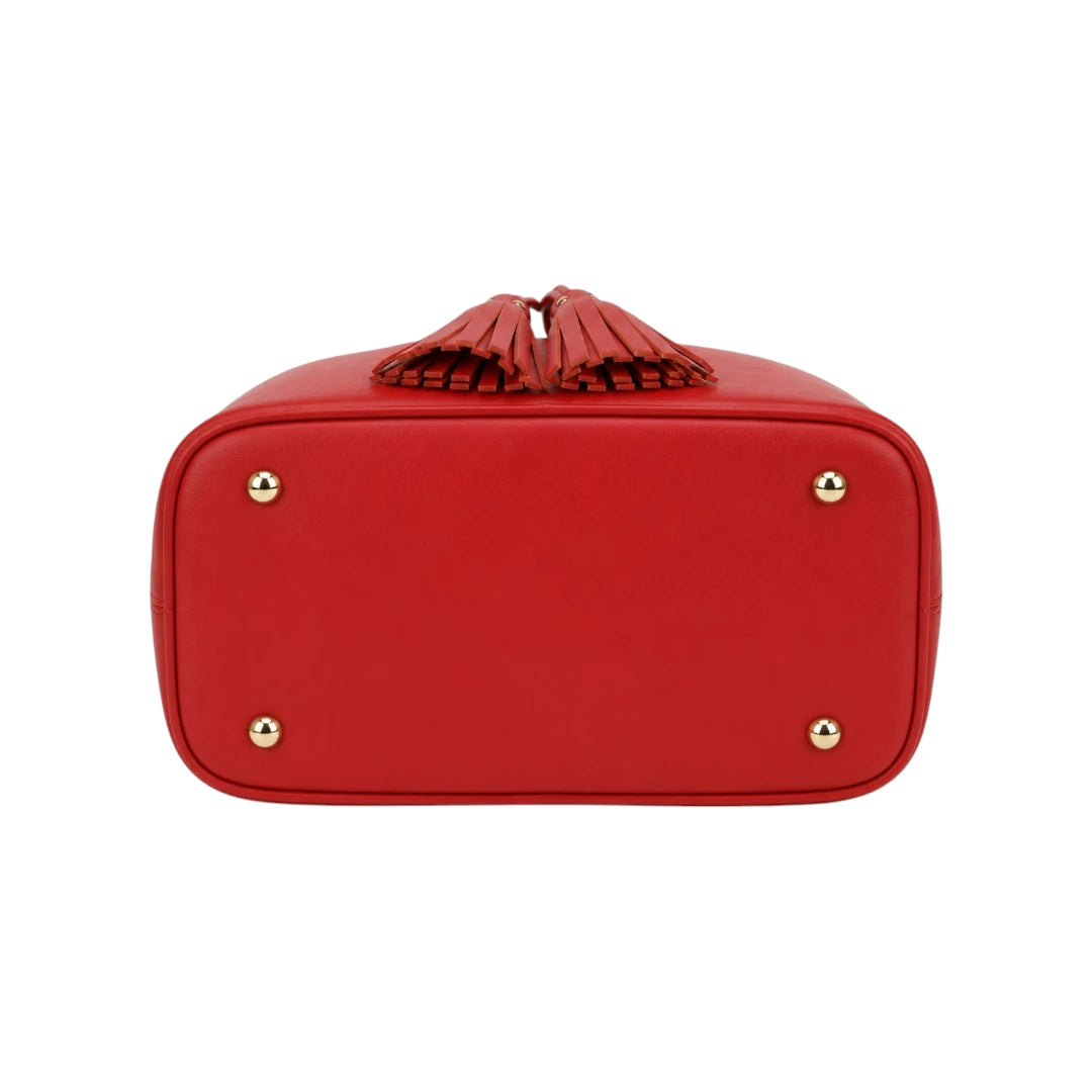 Torsed Red Tassel Drawstring Leather Bucket Bag