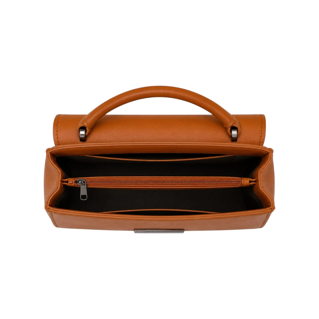Torsed Brown Flap Accent Structured Leather Handbag