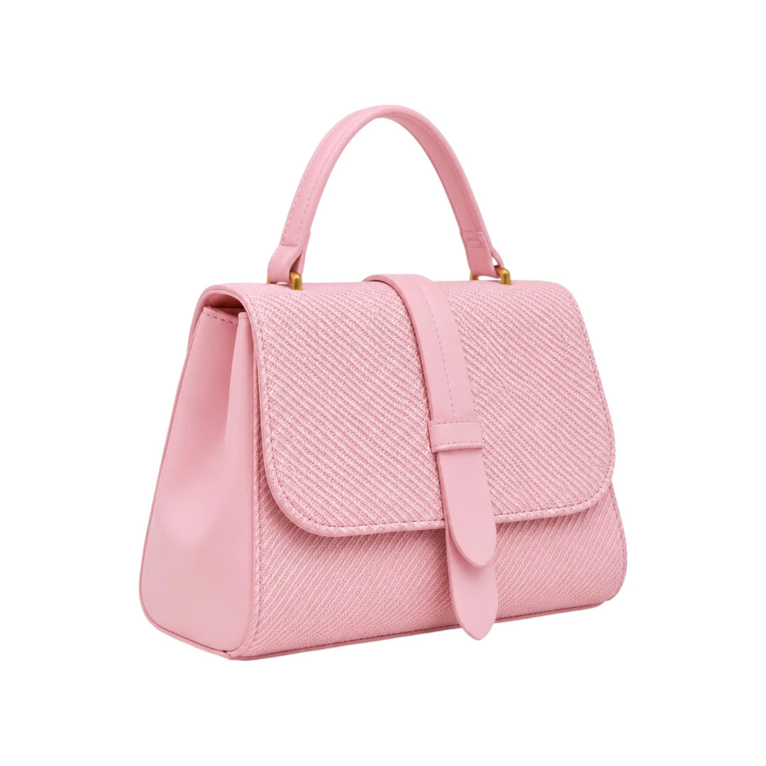 Torsed Pink Textured Flap Accent Leather Handbag