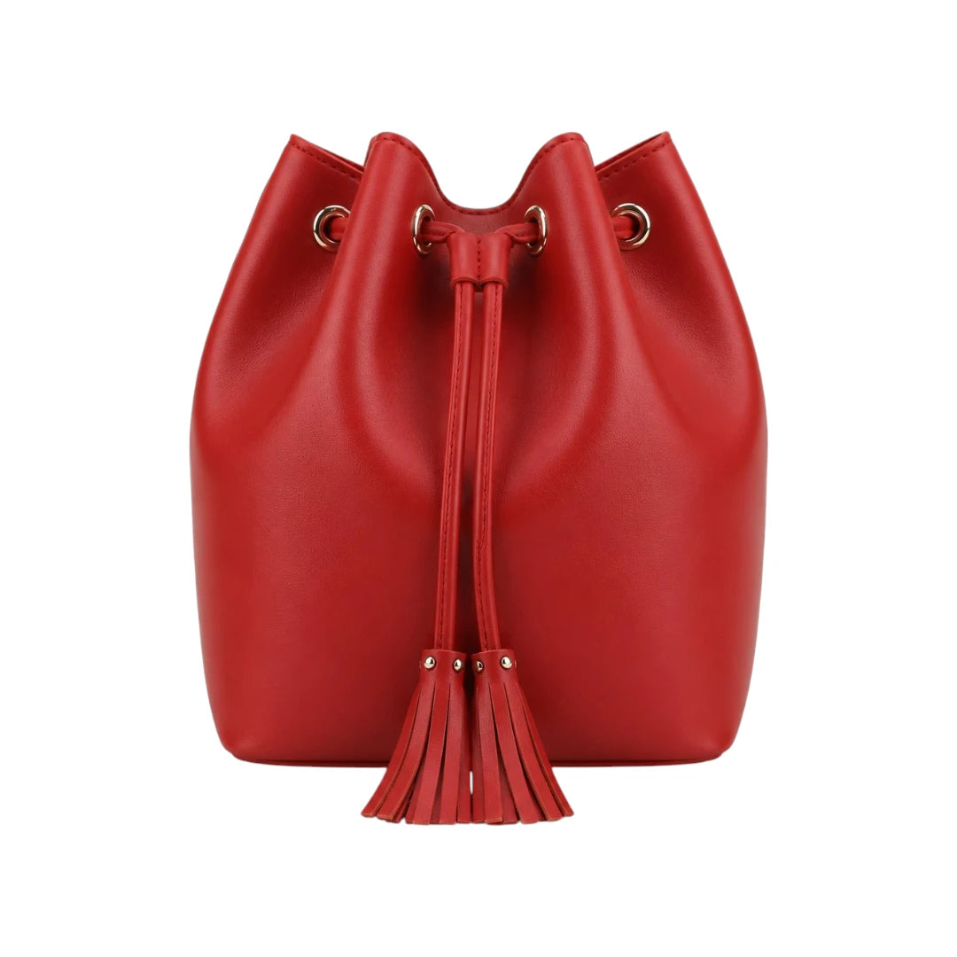 Torsed Red Tassel Drawstring Leather Bucket Bag