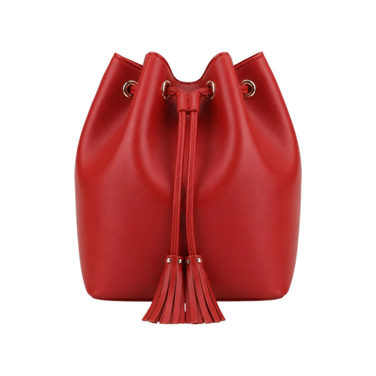 Torsed Red Tassel Drawstring Leather Bucket Bag