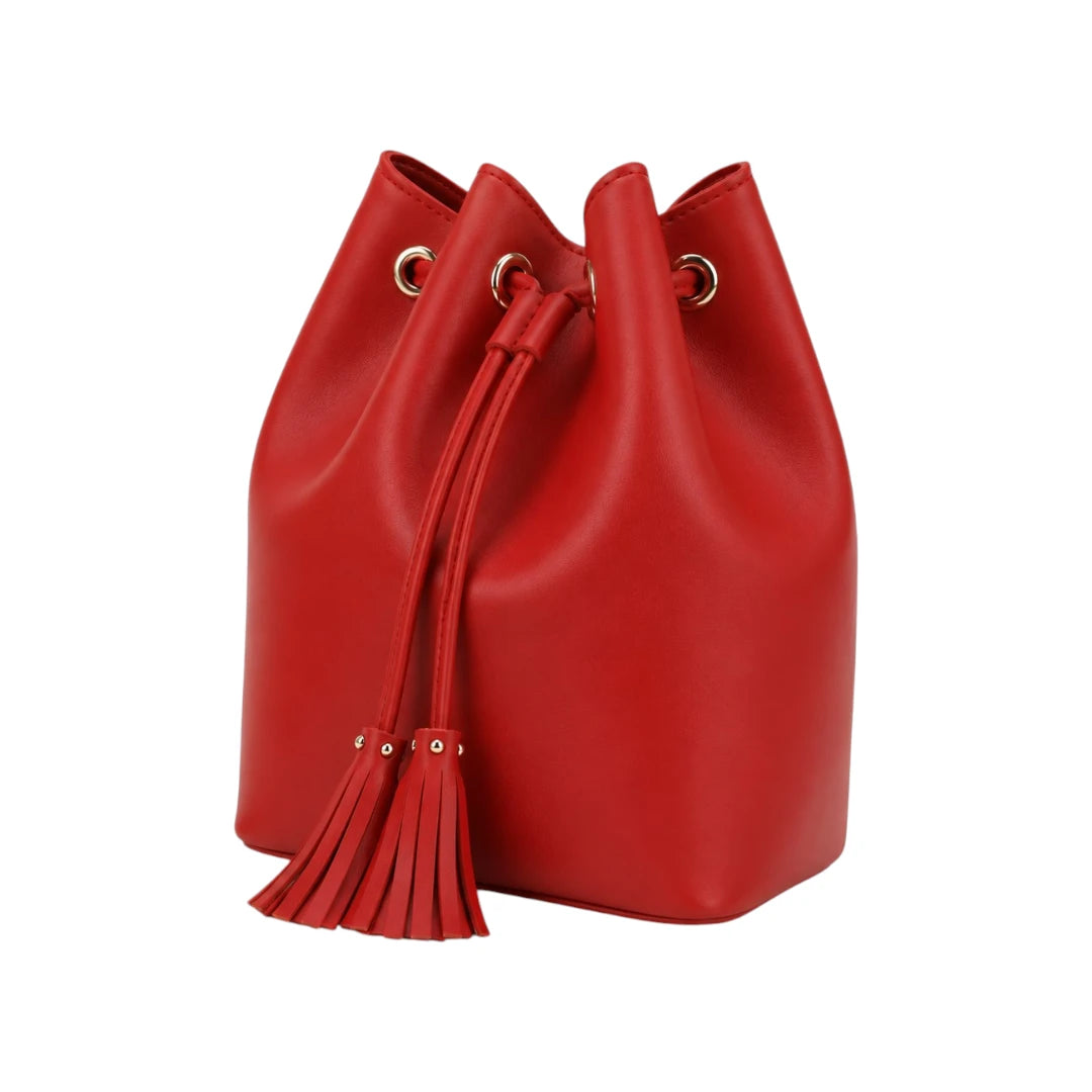 Torsed Red Tassel Drawstring Leather Bucket Bag