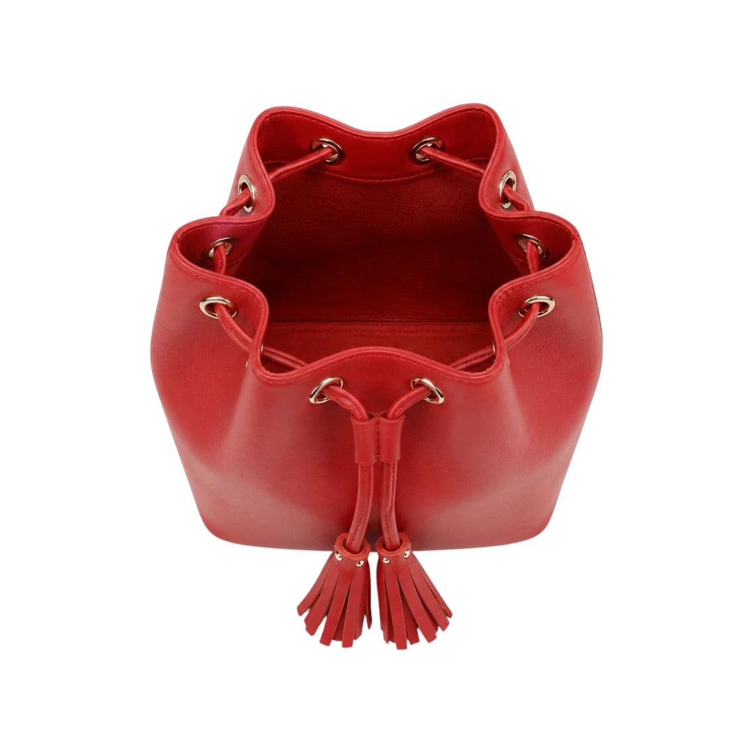 Torsed Red Tassel Drawstring Leather Bucket Bag