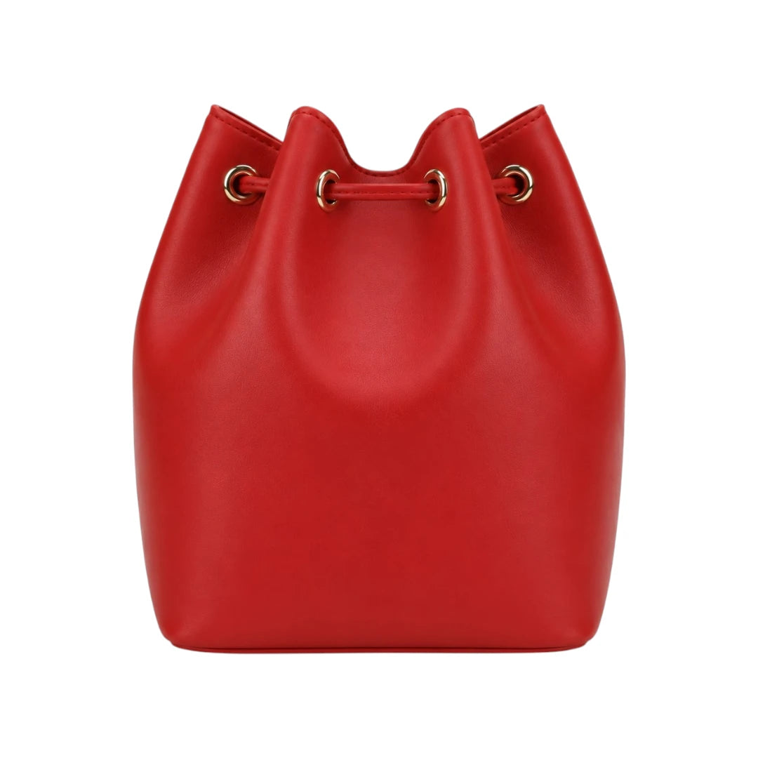 Torsed Red Tassel Drawstring Leather Bucket Bag