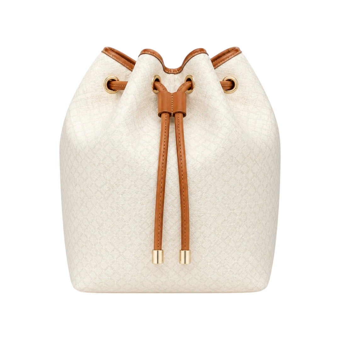Torsed White Drawstring Classic Leather Bucket Bag