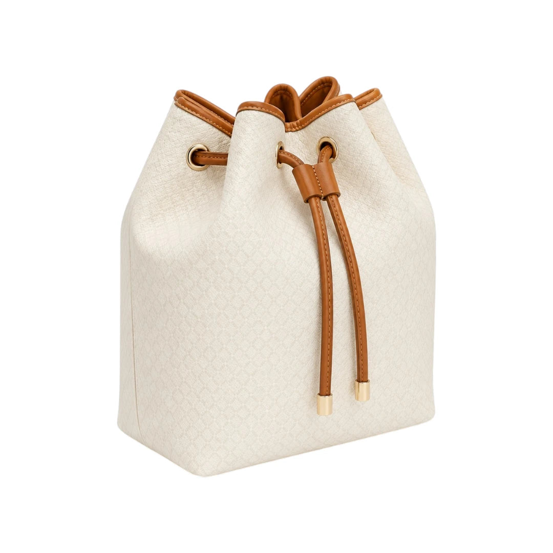 Torsed White Drawstring Classic Leather Bucket Bag