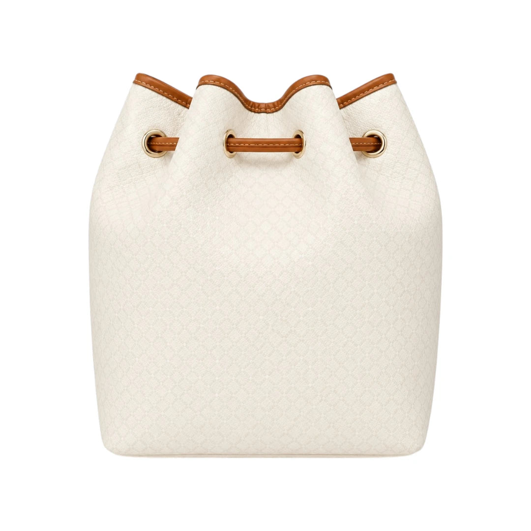 Torsed White Drawstring Classic Leather Bucket Bag